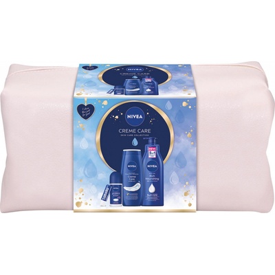 Nivea Creme Care Dámska darčeková sada v kozmetickej taške 400 ml telové mlieko + 250 ml sprchový gél + 50 ml guľôčkový antiperspirant + 5 ml balzam na pery