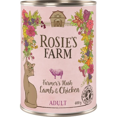 Rosie's Farm 1х400г Adult Rosie's Farm, консервирана храна за котки - сьомга и пиле със скариди