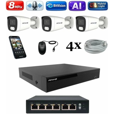Amiko IP 3 kamerový set so switchom 4K Ultra HD 8Mpix Ai Dl Tube 1801K3V2