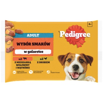 PEDIGREE Adult пакетчета 4x100 g - Избор от вкусове в желе, пълноценна влажна храна в желе за възрастни кучета (парчета, богати на говеждо месо и чернодробна смес, и парчета, богати на птиче месо)
