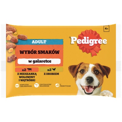 PEDIGREE Adult пакетчета 4x100 g - Избор от вкусове в желе, пълноценна влажна храна в желе за възрастни кучета (парчета, богати на говеждо месо и чернодробна смес, и парчета, богати на птиче месо)