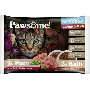Pawsome! Senior s telecím / s krůtím mäsom 4 x 85 g