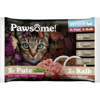 Pawsome! Senior s telecím / s krůtím mäsom 4 x 85 g