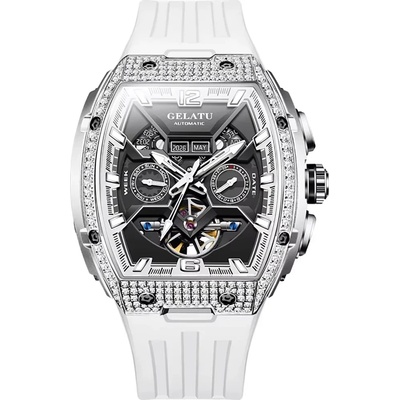 Gelatu Мъжки часовник GELATU Luxury Skeleton, Автоматичен, Силиконова каишка, Бял (GELATU-6016-SILI-WHITE)