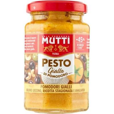 Pesto Mutti Giallo s rajčaty, olivami, ricottou a kešu oříšky, 180 g, z Itálie
