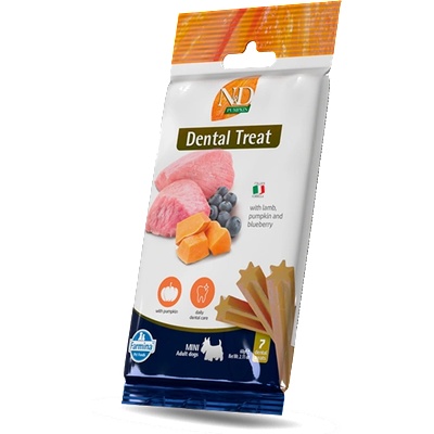 Farmina N&D PUMPKIN DOG Dental Treat Lamb & Blueberry Adult MINI - дентални лакомства за кучета от дребни породи с тиква, агнешко и боровинки 60gr