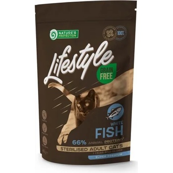 Nature's Protection Nature's Protection CAT - LIFESTYLE Grain Free Sterilised White Fish Adult Cat, висококачествена храна за пораснали кастрирани котки от всички породи, БЕЗ ЗЪРНО, с бяла риба, Литва - 0, 4 кг 125029