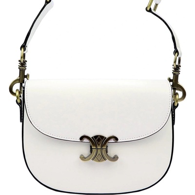 oválna kožená crossbody kabelka s elegantným mosadzným patentom Biela