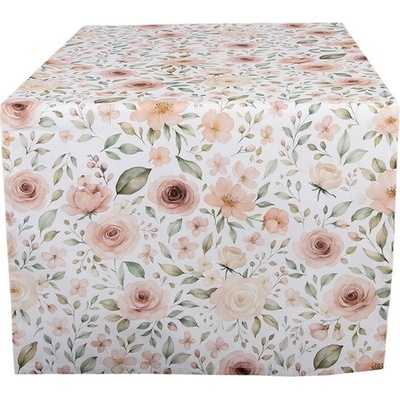 Clayre & Eef Bílý bavlněný běhoun s růžemi Soft Romantic Blush 50x140cm