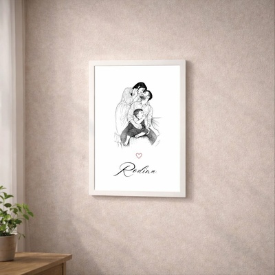 Plakát s KRESLENOU FOTOGRAFIÍ RODINY Rozměr plakátu: A3 (29,7 x 42 cm), Rámeček: Bílý rámeček