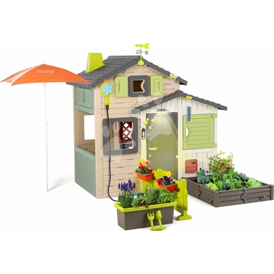 Smoby Domček Priateľov so záhradkou pod slnečníkom s lampou Friends House Evo Playhouse Life v natur farbách