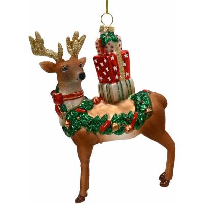 KAEMINGK Vánoční skleněná ozdoba jelínek/kůň s dárky 1ks, 10,3x5,6x15cm - Jelínek