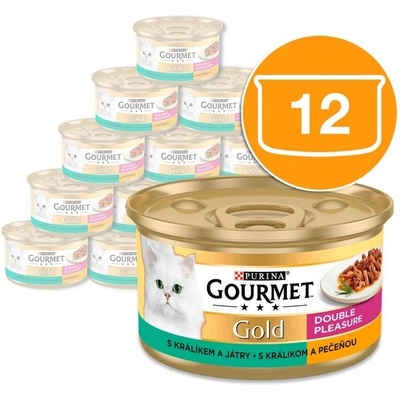 Gourmet Консерва Gourmet GOLD - гриловани и задушени парчета месо с заек и черен дроб, 12 x 85г
