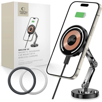 Tech-Protect Магнитна стойка за автомобил с MagSafe безжично зареждане 15W от Tech-Protect MM15W-V8 - Черна (5906302371679)
