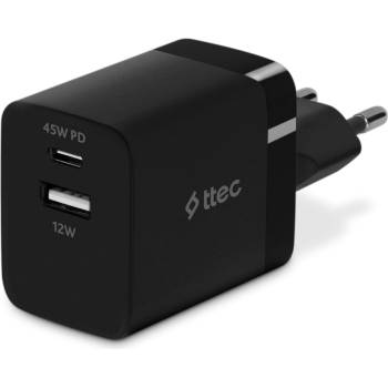 Ttec Зарядно 220V ttec SmartCharger Duo PD 45W Travel Charger USB-C+USB-A - Черно