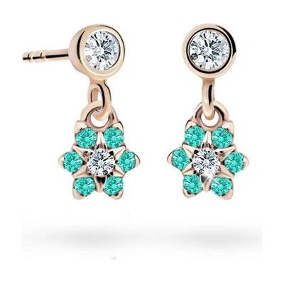 Danfil dětské náušnice kytičky C2152 z růžového zlata s kamínky Mint Green zapínání puzeta