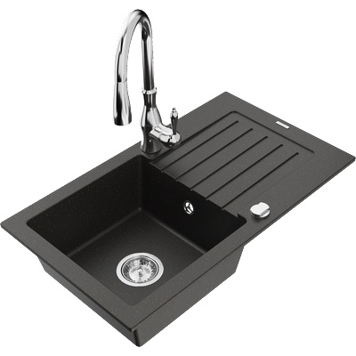 Mexen Pablo гранитна мивка с 1 корито с отцедник и кухненски смесител Savita, черен/златист металик - 6510-75-672601-00 (6510-75-672601-00)