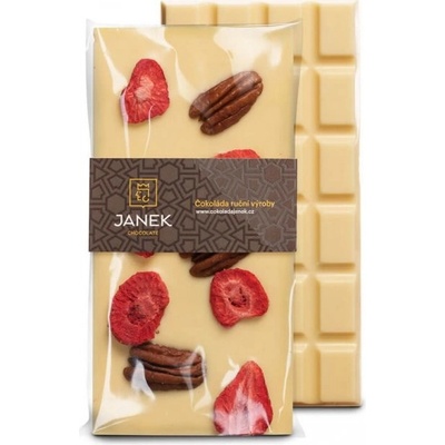 Čokoládovna Janek Bílá s pekanovými ořechy a lyofilizovanými jahodami, 95 g