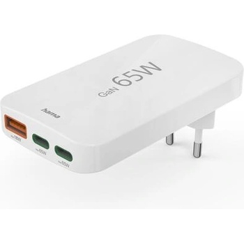 Hama Бързо мини зарядно, 65W, 2x USB-C, 1x USB-A, PD, плоско, бяло (HAMA-201976)
