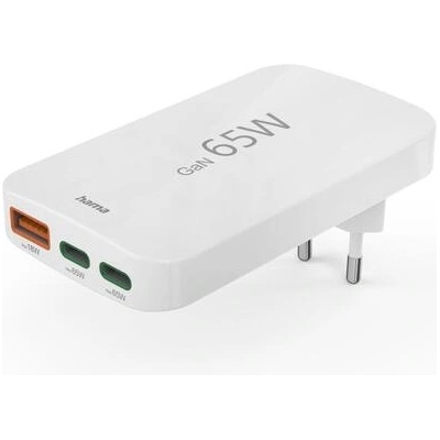Hama Бързо мини зарядно, 65W, 2x USB-C, 1x USB-A, PD, плоско, бяло (HAMA-201976)
