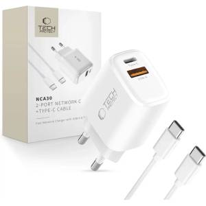 Tech-Protect NCA30 мрежово зарядно с 2 порта PD 30W / QC3.0 + Type-C кабел бял (5906302318629)