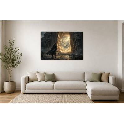 Obraz na plátně – Postava s mečem před zářícím portálem 135 × 90 cm