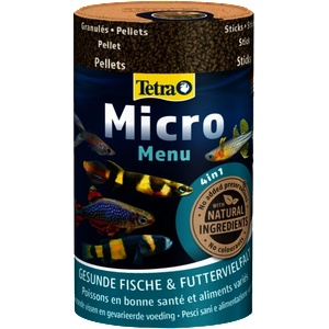 TETRA Micro Menu - пълноценна хранителна смес с четири вида храна в отделни отделения. За малки риби, които се хранят в различни региони на водата - 100 мл