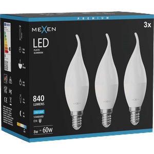 Mexen Nova 3x LED крушка пламък E14, C37, 8W, Студена - 6500K, 840 lm - L106-E14-0865-01x03 (L106-E14-0865-01x03)