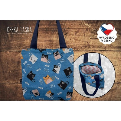 Česká Taška Taškokabelka HAPPY CATS L Česká ručně šitá taška se zigzag podšívkou a zipem 38×38 cm