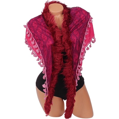 Ефектен шал в розово с пухче, пискюли и дантела