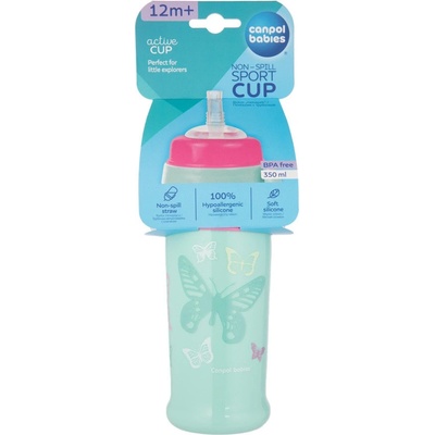 Canpol babies Láhev sportovní s nevylévací slámkou MOTÝLEK tyrkysová 350 ml