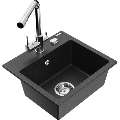 Mexen Milo гранитна кухненска мивка с 1 корито с кухненски смесител Duero, черен/сребърен металик - 6505-73-671600-00 (6505-73-671600-00)