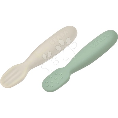 Ergonomické tréningové lyžičky Silicone Pre-Spoons Sage Green Velvet Grey Beaba zo silikónu na samostatné jedenie 2 kusy od 4 mes