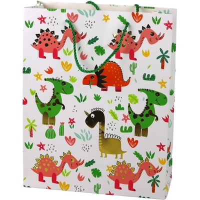 LEAN TOYS Papierová darčeková taška - Farebné dinosaury 32 cm x 26 cm x 10 cm