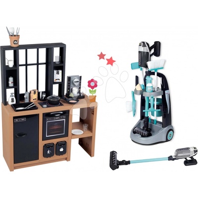 Smoby Set kuchynka moderná Loft Industrial s upratovacím vozíkom a tyčový vysávač Rowenta so zvukom