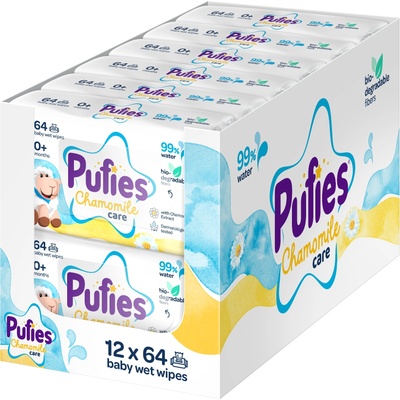 Pufies Бебешки мокри кърпички Pufies - Chamomile Care, 99% вода, 12 x 64 броя (3800024037160)