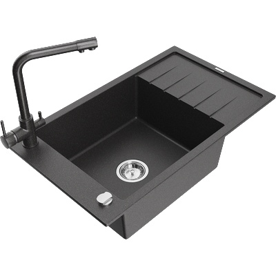 Mexen Elias гранитна кухненска мивка с 1 корито с отцедник и кухненски смесител Duero, черна с пръски - 6511-76-671600-76 (6511-76-671600-76)