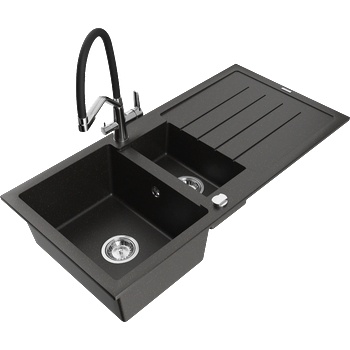 Mexen Andres гранитна мивка 1, 5-коморна с отцедник и кухненски смесител Duo, черен/златен металик - 6515-75-671701-07 (6515-75-671701-07)