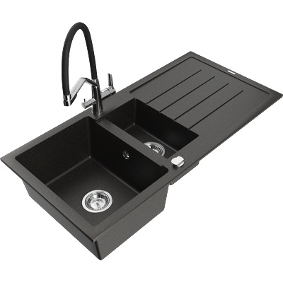 Mexen Andres гранитна мивка 1, 5-коморна с отцедник и кухненски смесител Duo, черен/златен металик - 6515-75-671701-07 (6515-75-671701-07)