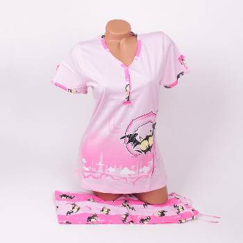 Памучна дамска пижама в розов цвят с прилеп
