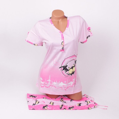 Памучна дамска пижама в розов цвят с прилеп