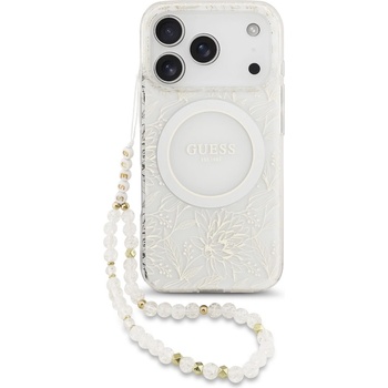 GUESS Хибриден удароустойчив кейс с MagSafe и връзка за ръка за iPhone 17 Pro - Guess IML Flowers Allover Strap MagSafe Case (бял) (GUHMP17LHCPOFPH)