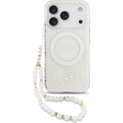 GUESS Хибриден удароустойчив кейс с MagSafe и връзка за ръка за iPhone 17 Pro - Guess IML Flowers Allover Strap MagSafe Case (бял) (GUHMP17LHCPOFPH)
