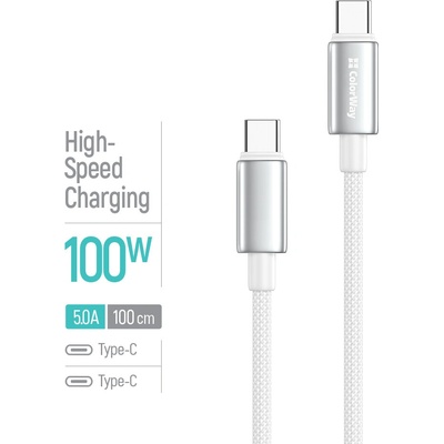 ColorWay CW-CBPDCC098-WT USB-C – USB-C (zinková zliatina, nylonové opletenie) PD Fast Charging 100W, 5A 1m bílý