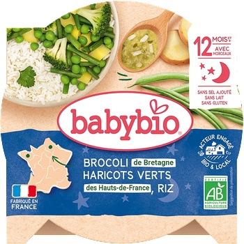 Babybio БИО Меню "Лека нощ" Броколи, Зелен фасул, Грах, Картофи и Ориз, купичка след 12 мес. 230г