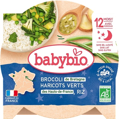 Babybio БИО Меню "Лека нощ" Броколи, Зелен фасул, Грах, Картофи и Ориз, купичка след 12 мес. 230г