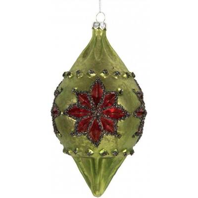 Clayre & Eef Zelená skleněná vánoční ozdoba s červeným motivem - 8*7*15 cm