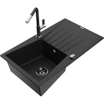 Mexen Cesar еднокоморна мивка от гранит с отцеждач и кухненски смесител Flora, черна - 6514-77-670401-07-B (6514-77-670401-07-B)