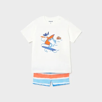 MAYORAL Комплект бански цветно райе и бяла тениска акули за бебе момче Mayoral