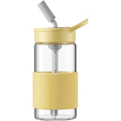 BUYDEEM Преносима бутилка за напитки Buydeem CD1017-MY, 500 мл, Вградена сламка, Непропусклива, Термоустойчиво стъкло до 150°C, BPA free, Жълт (CD1017-MY)